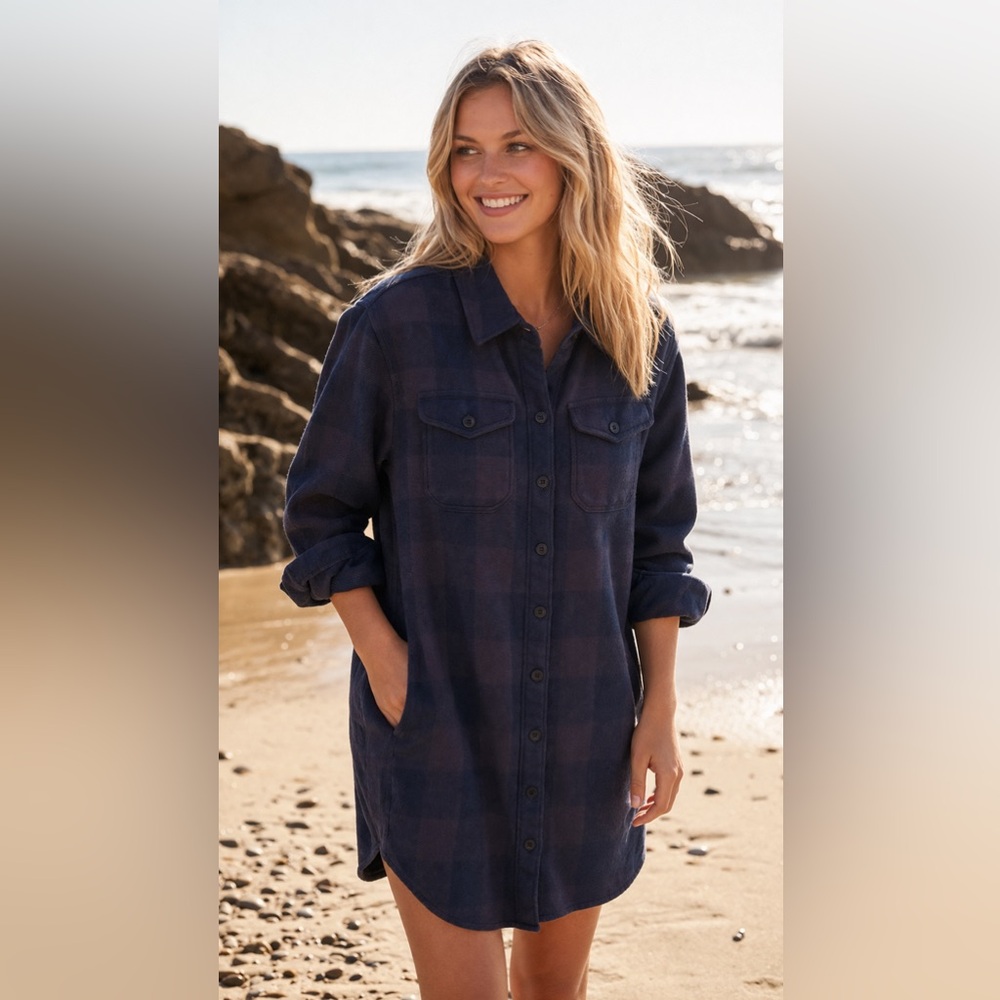 🌊 OUTERKNOWN Blanket Shirt Dress Navy Plaid – XS – Organic Cotton